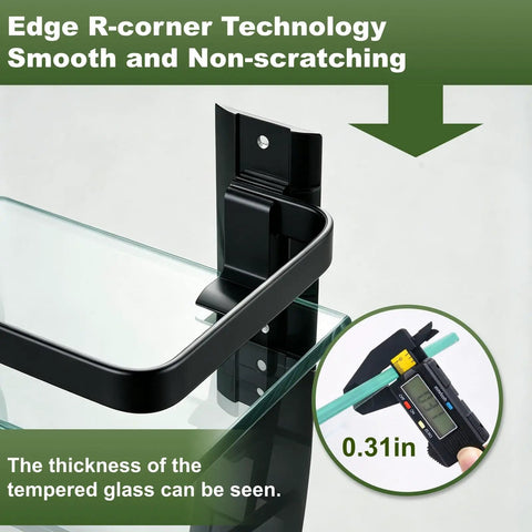 Close-up of Three Pack Bathroom Glass Shelf Organizer Wall Mount Extra Thick 0.34 Inch Tempered Glass With Aluminum Frame Black Finish