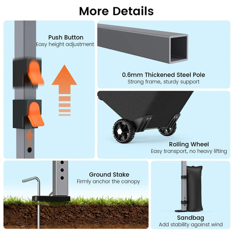 Details of Pop Up Canopy Tent With Sidewalls 10x10ft One Push Setup, featuring push button, thick pole, wheels, ground stake, sandbag.
