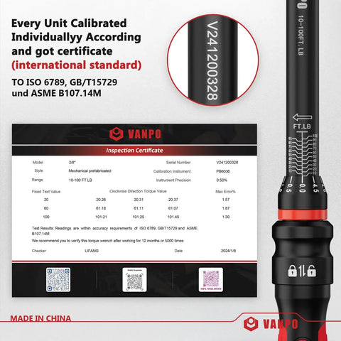 Inspection certificate for Three Eighths Inch Drive Torque Wrench Beefy With Ten To One Hundred Foot Pounds Range Click Type