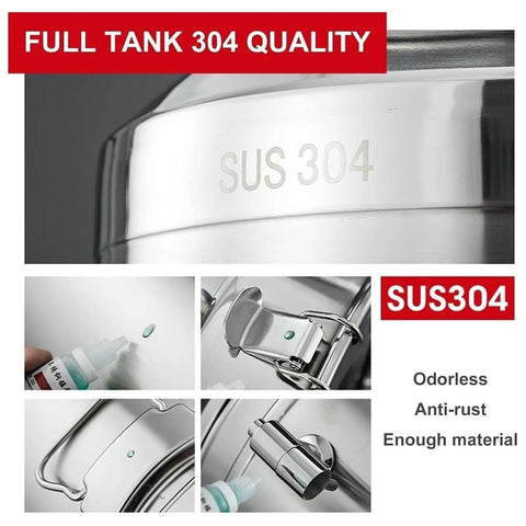 Close-up of Heavy Duty 64 Liter Stainless Steel Storage Bucket With Rock Solid Airtight Lid and Snap Lock Latches labeled SUS304.