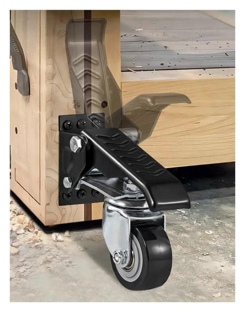 Set Of Four 2.5 Inch Retractable Swivel Workbench Casters With 360 Degree Spin Stepdown Lift Mode attached to workbench leg.