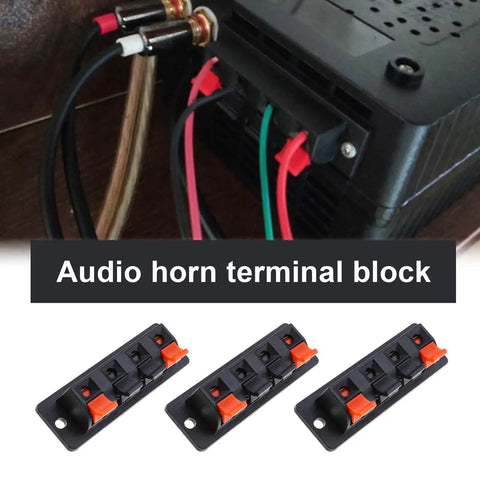 10 Pack 4 Pin Speaker Terminal Blocks With Spring Clips For DIY Audio, Plug And Play Amp Test Clips shown with audio setup