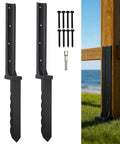 2 Pack Heavy Gauge Steel Fence Post Repair Kit With Ground Anchored Brackets, includes spikes and screws for wobbly wooden fences.
