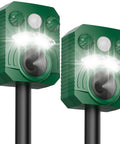 Solar Powered Outdoor Animal Repeller 2 Pack Ultrasonic Pest Deterrent With Motion Sensor And Flashing Light Waterproof Design Usb Charging Dual Power For Your Yard Guard Against Cats Deer Dogs Squirrels Easy Install Green mounted on stakes