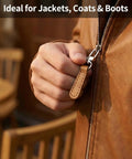 Leather Zipper Pull Replacement Kit With Detachable Clips 16Pcs Assorted Colors Easy Tool Free Install shown installed on jacket.