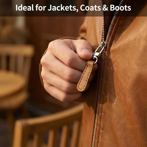 Leather Zipper Pull Replacement Kit With Detachable Clips 16Pcs Assorted Colors Easy Tool Free Install shown installed on jacket.