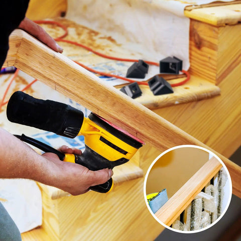 Sanding wooden stair rail with 24 Pack Iron Baluster Shoes For One Half Inch Square Railings in satin black visible nearby