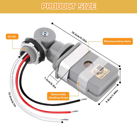 Two Pack Photocell Sensor For Outdoor Lights Dusk To Dawn Photoelectric Switch 120VAC 50 To 60 Hz Swivel Mount Weatherproof IP54 For Backyard Barns And All Outdoor Lighting, dimensions shown