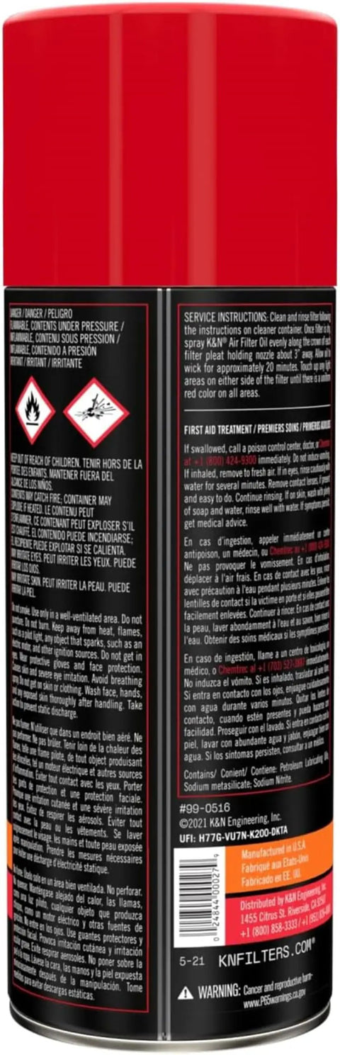 Back view of Air Filter Oil Aerosol for KN Filters - Restore Engine Airflow and Performance, 347g can with instructions visible