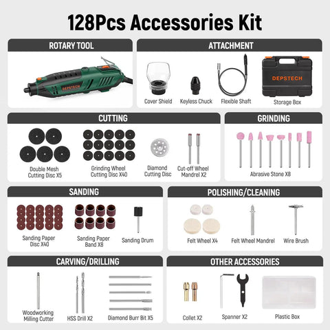 Pro Grade Rotary Tool Kit 180W Power With 6 Speeds Up To 40000 RPM And Variable Speed Universal Keyless Chuck And Flex Shaft 128 Accessories