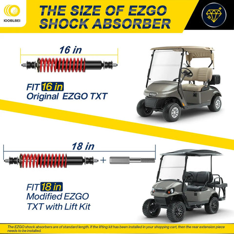 Heavy Duty Coil Spring Shock Absorbers For Ezgo Txt And Medalist Golf Carts 1994 Onward Front Rear Setup image with 16in and 18in sizes.