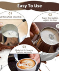 Visual steps showing how to use Handheld Milk Frother Cordless Electric Foam Maker With Stainless Steel Whisk Froths In 15 Seconds Quiet Drink Mixer For Coffee Matcha Hot Chocolate Black Dishwasher Safe.