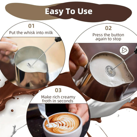 Visual steps showing how to use Handheld Milk Frother Cordless Electric Foam Maker With Stainless Steel Whisk Froths In 15 Seconds Quiet Drink Mixer For Coffee Matcha Hot Chocolate Black Dishwasher Safe.