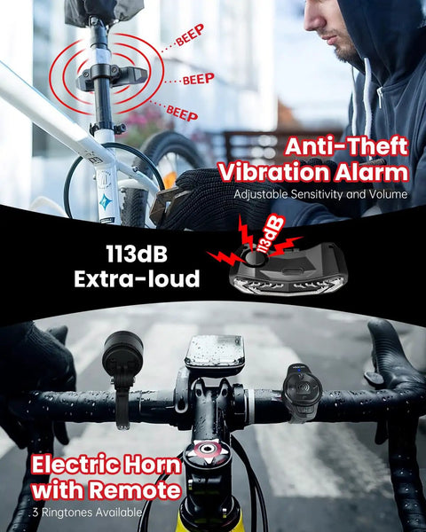 Bicyclist activating wireless remote bike light set with anti-theft alarm and electric horn for night riding safety, remote up to 66 ft.