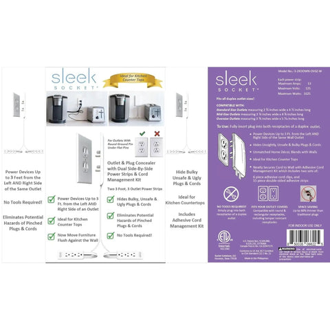 Packaging of Ultra Thin Outlet Concealer Kit With Cord Management, Flat Extension Cord And Multi Outlet Power Strip, Desks and Sockets.