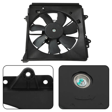 Direct Fit AC Condenser Cooling Fan Assembly Passenger Side Replacement For Honda Fit 2009 Through 2014, black fan with motor details.