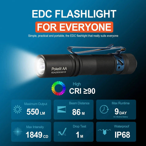 Rechargeable AA Pocket Flashlight With Clip, Tiny But Mighty EDC Light, 500 Lumen Copper Flashlight With 519A LED, CRI 90