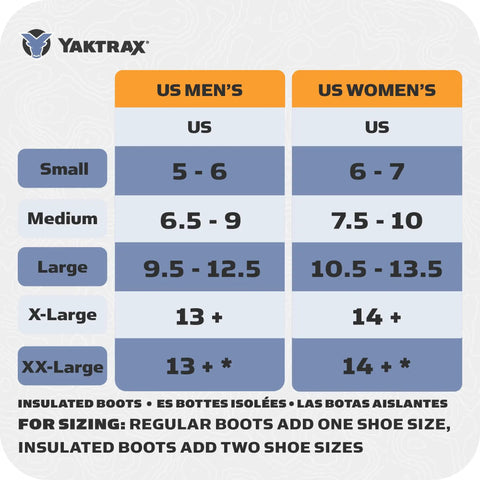 Yaktrax size chart for Boss Level All Surface Traction Cleats Engineered With Reinforced Diamond Beads in large.