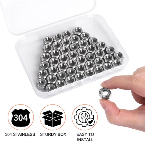Box of Five Sixteenth By Eighteen Thread Nylon Insert Hex Lock Nuts Made From Three Zero Four Stainless Steel with hand holding one nut