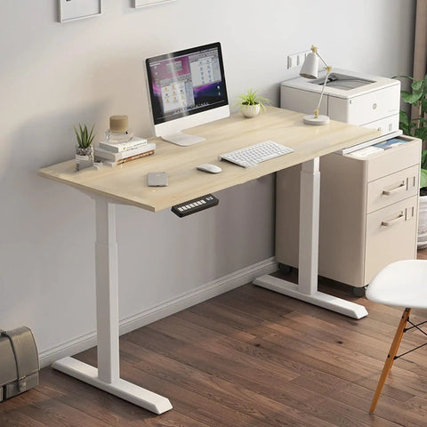 Rockin Adjustable Standing Computer Desk For Modern Home Office Or Study With Smart Height Control T-Shaped Frame Ergonomic Desktop Laptop Table 1 Point 4 Meters in light wood finish.