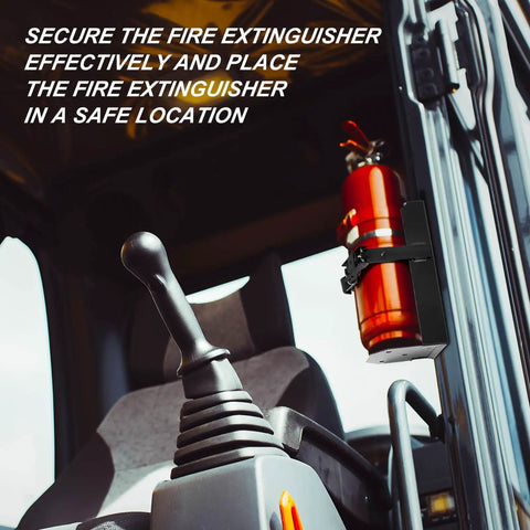 Heavy Duty Fire Extinguisher Wall Mount Bracket holding red extinguisher in vehicle cabin.
