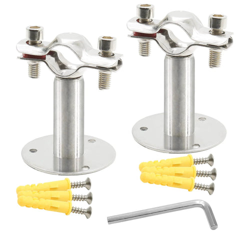 2-pc stainless steel wall/ceiling pipe mount brackets with base flanges for 19mm pipe, includes screws and hex key.