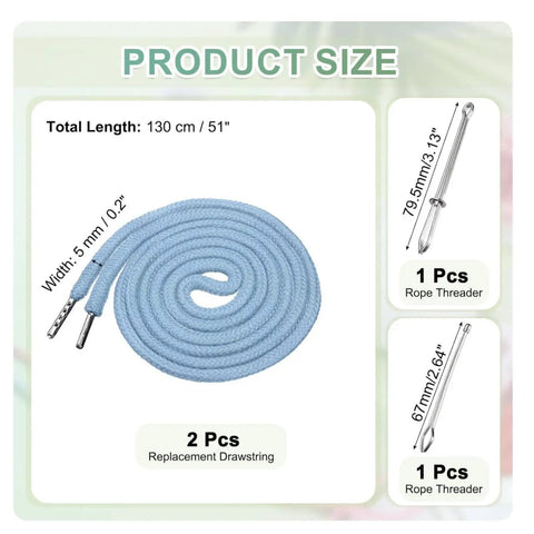 Get Your Shorts Back On Track With This Sweet Drawstring Replacement Cord Kit Featuring Rock Solid Metal Aglets And A Nifty Threader For Hassle Free Repairs On Hoodies Pants And Waistbands In Light Blue, showing 130 cm drawstring with metal aglets.