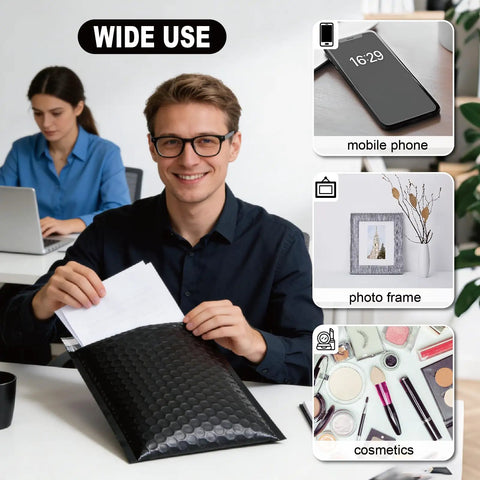 Black 6x10 Inch Bubble Mailers Self Sealing Padded Shipping Envelopes Waterproof Cushioned Mailers Bulk Pack For Small Biz Ecommerce Packaging And Shipping Supplies being held by a person at a desk with examples of items like a mobile phone, photo frame, and cosmetics shown.