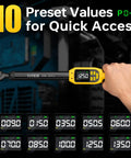Hand holding Pro Grade Digital Torque Wrench Three Eighths Inch Drive With Five To Ninety Nine Point Five Foot Pounds Range Plus One Percent Accuracy