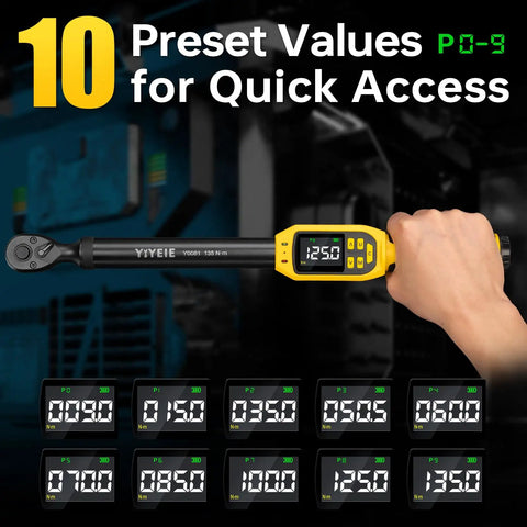 Hand holding Pro Grade Digital Torque Wrench Three Eighths Inch Drive With Five To Ninety Nine Point Five Foot Pounds Range Plus One Percent Accuracy