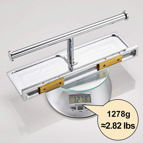 Double Roll Toilet Paper Holder With Shelf In Solid Brass And Polished Chrome Finish A Real Hotel Style Tissue Dispenser Upgrade For Your Bathroom Built Tough Against Rust Extra Storage Holds Rolls Up To 5.31 Inches