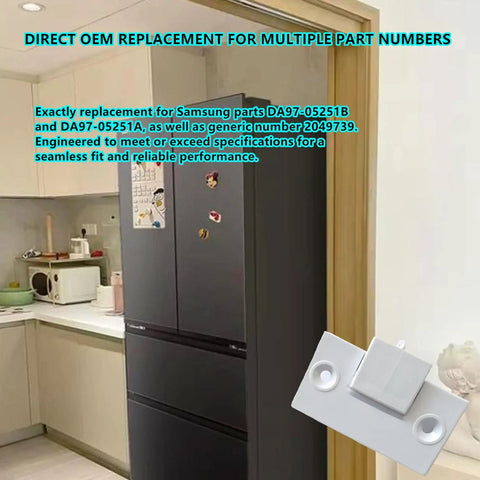 Refrigerator Hinge Shelf Assembly Replacement DA97-05251B shown with refrigerator in kitchen, compatible for crisper drawers.
