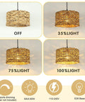 Natural Rattan Chandelier With Handwoven Wicker Pendant Light showcasing dimming settings from 0% to 100% for cozy glow.
