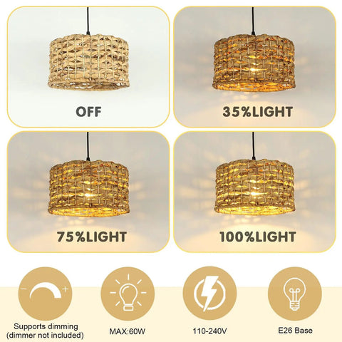 Natural Rattan Chandelier With Handwoven Wicker Pendant Light showcasing dimming settings from 0% to 100% for cozy glow.