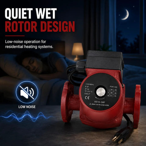 Reliable Replacement Water Circulator Pump For Baseboard Heat 115V Power Fractional Hp Motor in a quiet wet rotor design.