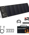 Road Trip Ready No Sweat Foldable Solar Panel 42W Portable Charger Waterproof with accessories like carabiners and cables.