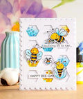 Greeting card with bee illustrations and scalloped honeycomb cover, using Two Sets Dotted Square Frame Dies For Card Making