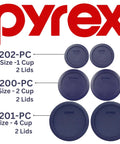 Blue Replacement Lids For 1 Cup, 2 Cup, And 4 Cup Glass Food Storage Containers displayed with Pyrex branding