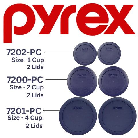 Blue Replacement Lids For 1 Cup, 2 Cup, And 4 Cup Glass Food Storage Containers displayed with Pyrex branding