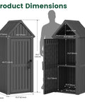 Durable Outdoor Deck Box Storage Shed With Removable Shelves And Twelve Hooks For Garden Pool Patio Waterproof Resin Cabinet With Lock Ring Vertical Space Saver Built For Easy No Mess Storage shown with dimensions and open door.