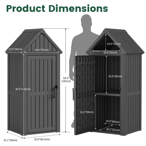 Durable Outdoor Deck Box Storage Shed With Removable Shelves And Twelve Hooks For Garden Pool Patio Waterproof Resin Cabinet With Lock Ring Vertical Space Saver Built For Easy No Mess Storage shown with dimensions and open door.