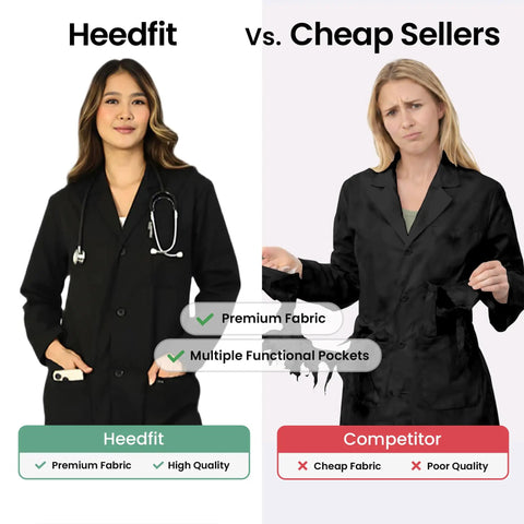Comparison of Unisex Lab Coat For Work by Heedfit vs Competitor highlighting quality and design differences