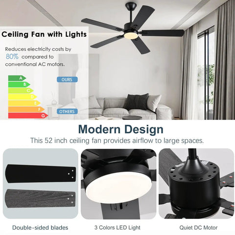 52 Inch Modern Ceiling Fan With Lights App Remote Control Low Profile Reversible DC Motor 6 Speeds in living room