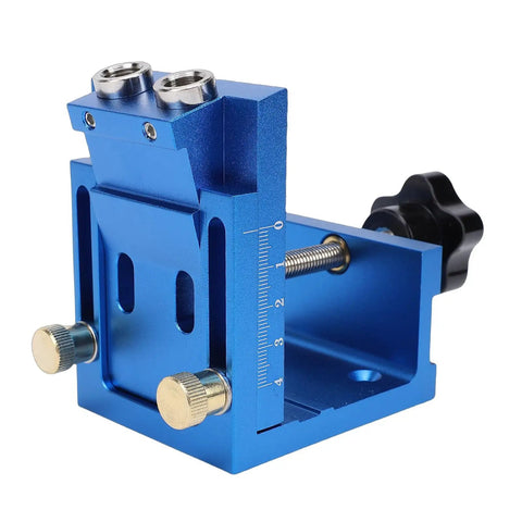 Premium Pocket Hole Jig Kit Featuring Adjustable 15 Degree Drill Guide And Dual Scale Slider for woodworking, aluminum build, detailed view.