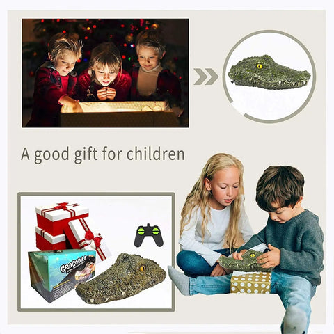 Children playing with Alligator Head RC Boat With 2.4 GHz Remote Control, fun and gift-ready, showcasing crocodile toy and packaging.