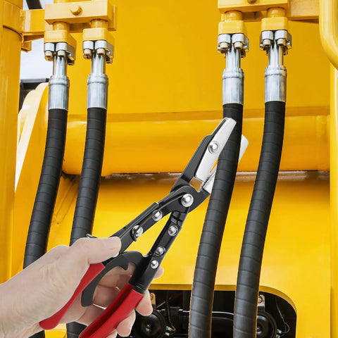 Close-up of Automatic Locking Ratcheting Hose Pinch Off Pliers 10 Inch in use on radiator hose with comfort grip handles