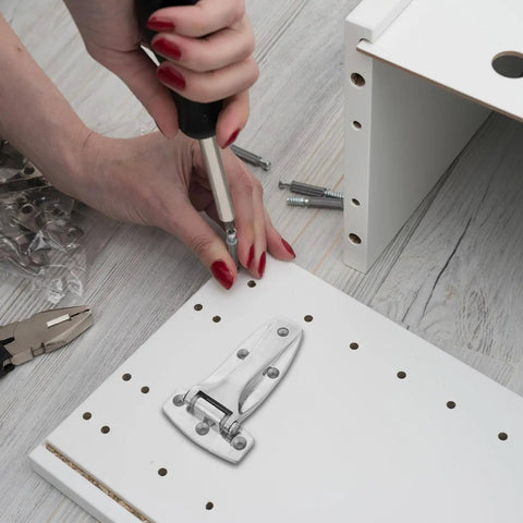 Heavy Duty Stainless Steel T Hinges For Closet Doors And Cabinets, Weatherproof Marine Grade Silver Bearing Hardware For Industrial Use, Overlay Cabinet Hinges, Durable Door Hardware That Keeps Doors Secure installed on white cabinet door