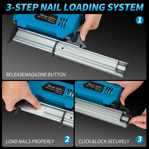 3-step nail loading system for Top Shelf Cordless Brad Nailer Kit With 21V Power And Hella Long Battery Life, showcasing nail release and secure locking.