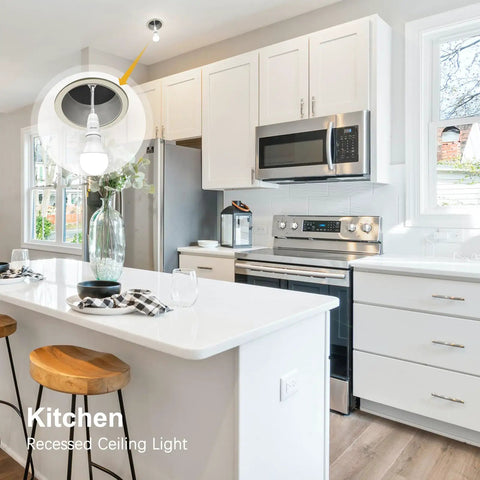 Modern kitchen with Flexible E26 Socket Extender 6.1 Inch All Directional Adjustable Adapter in recessed ceiling light