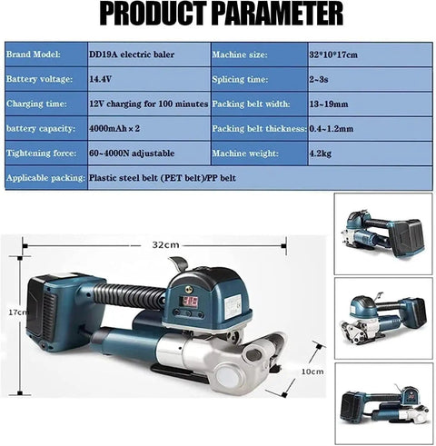 No Sweat Automatic Strapping Tool For 13 To 19 Mm PP PET Bands With Rechargeable Battery and Quick Heat Weld, showing product dimensions and details.